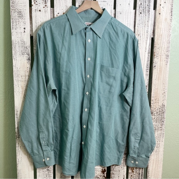 Merona Mens Size XL Green & White Houndstooth Long Sleeve Button Up Dress Shirt - Picture 2 of 9
